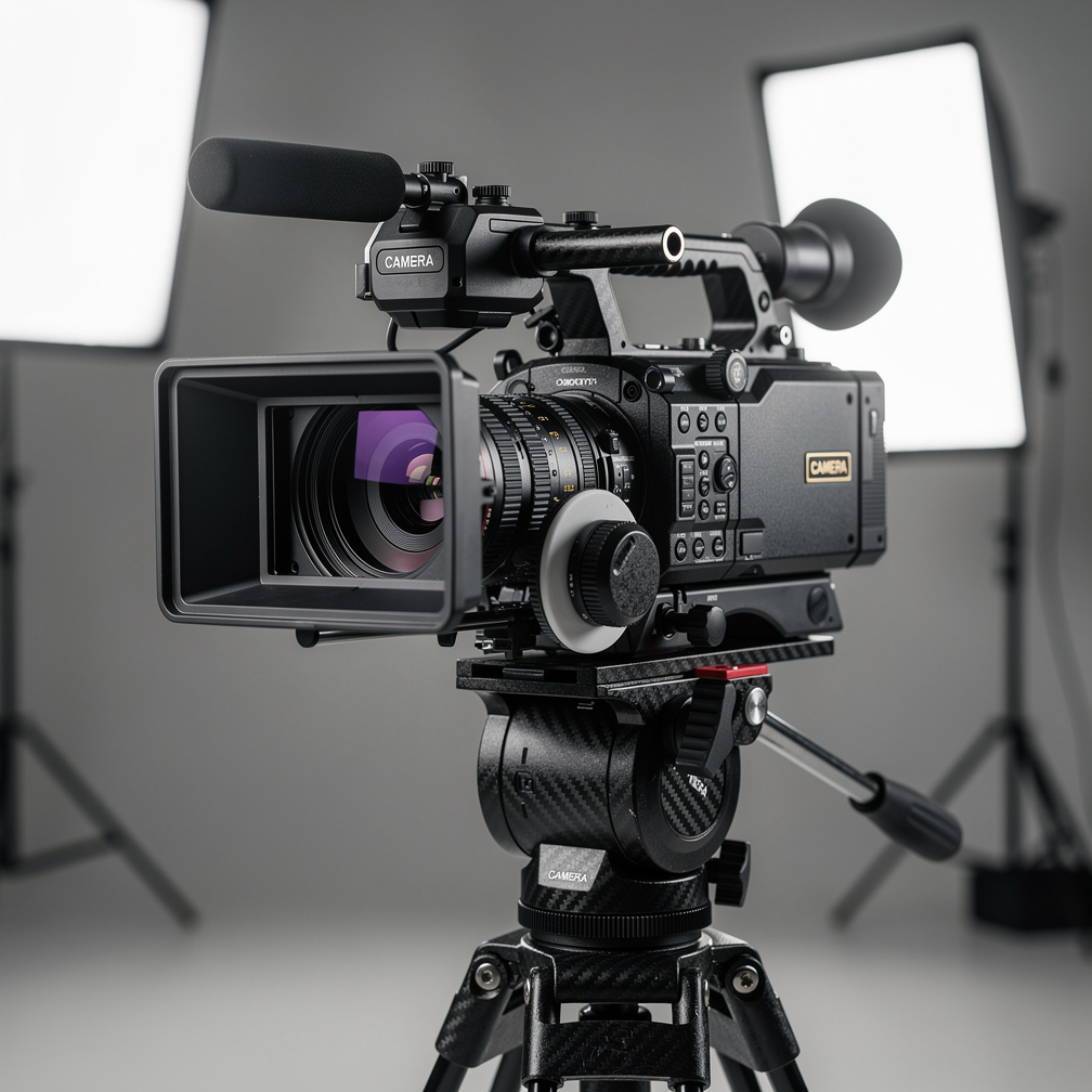 Professional video camera mounted on a tripod in a studio