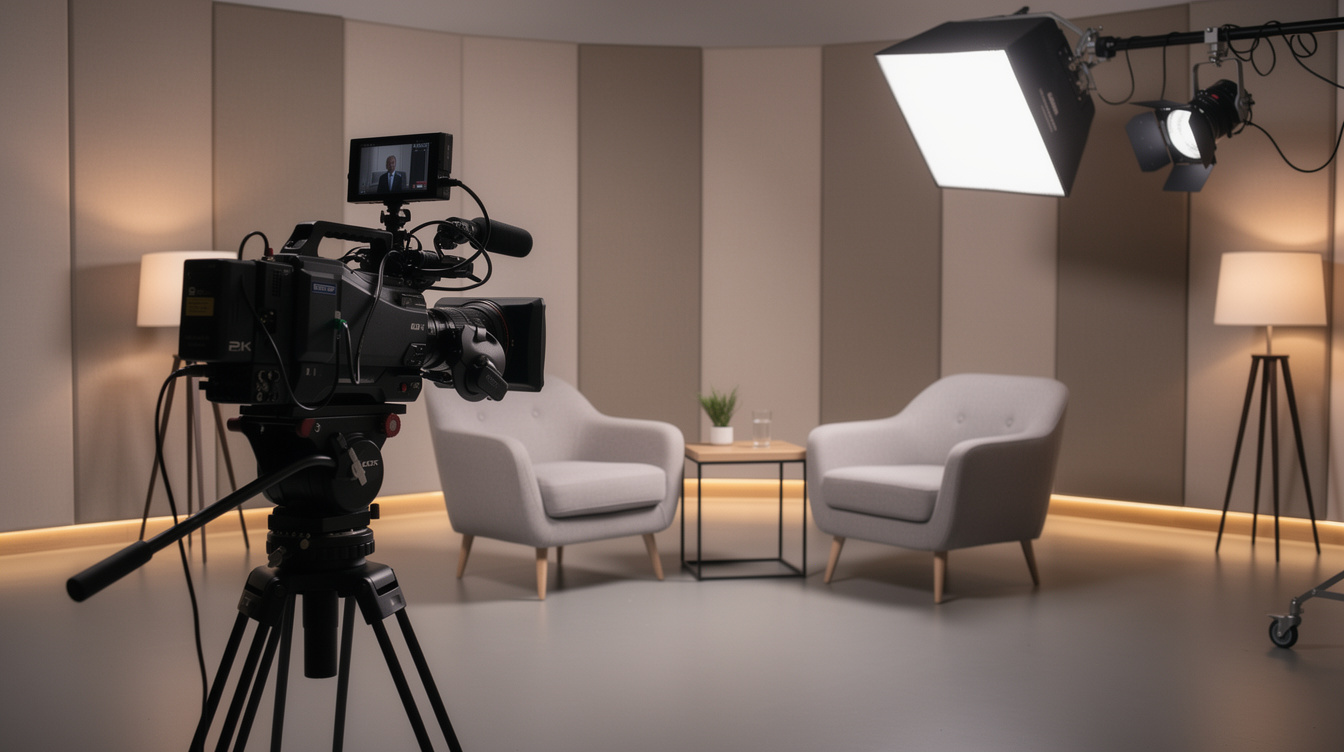 Television interview studio with camera and lighting rig ready for recording