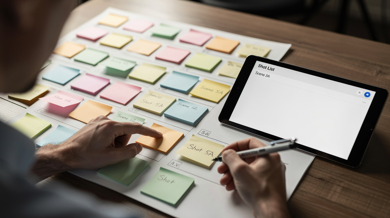 Production schedule board with sticky notes and a tablet showing a shot list