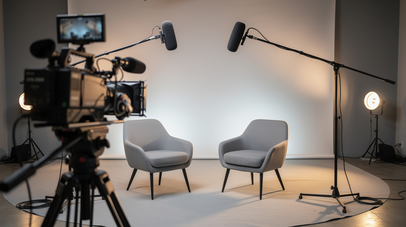 Two people seated for a filmed interview with microphones and camera in frame