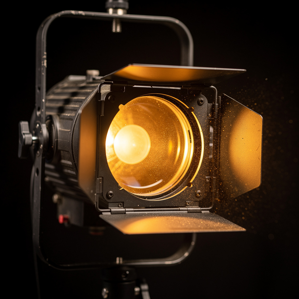 Close up of a stage light with warm colored gel
