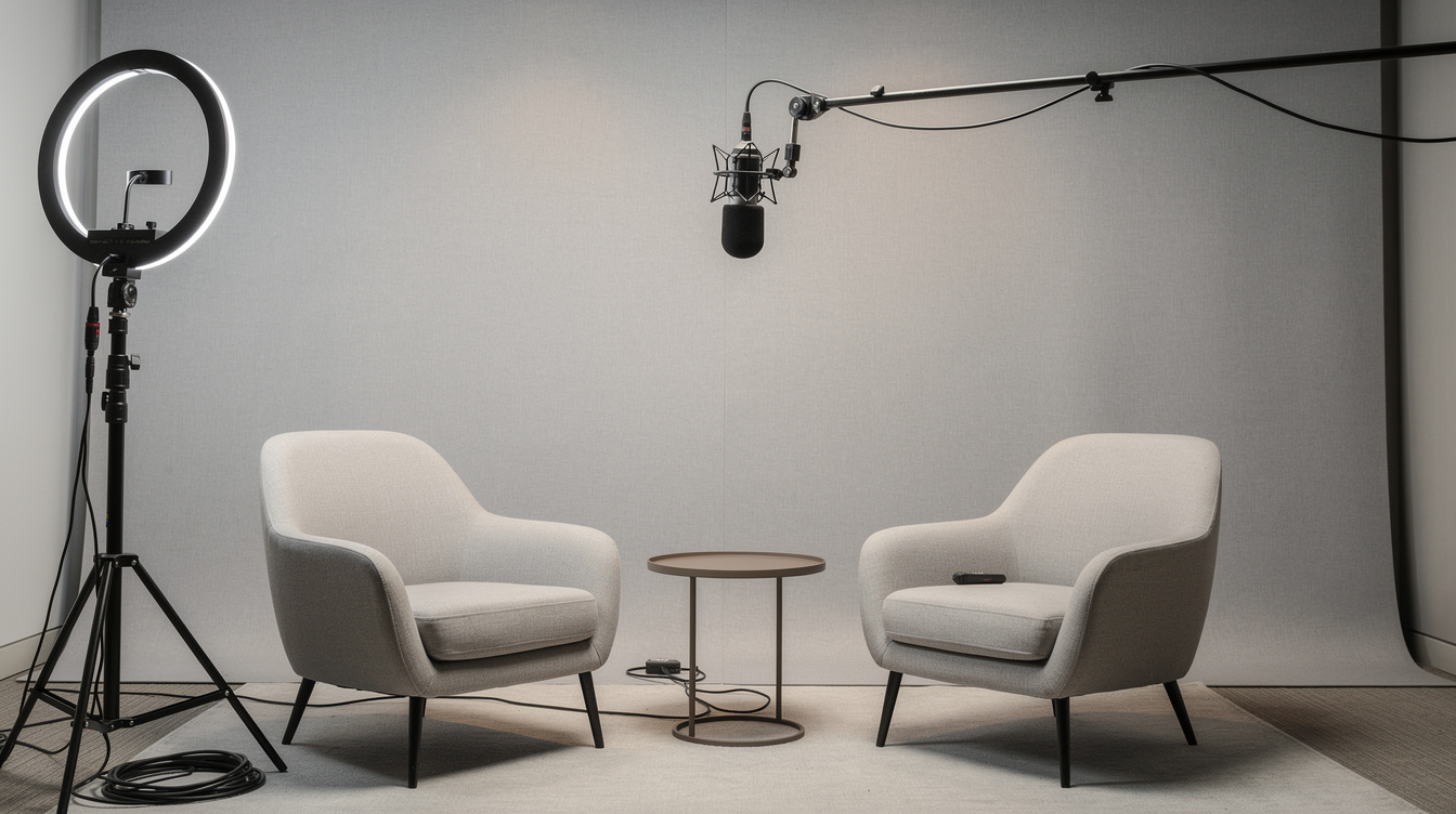 Empty interview room set with two armchairs and ring light