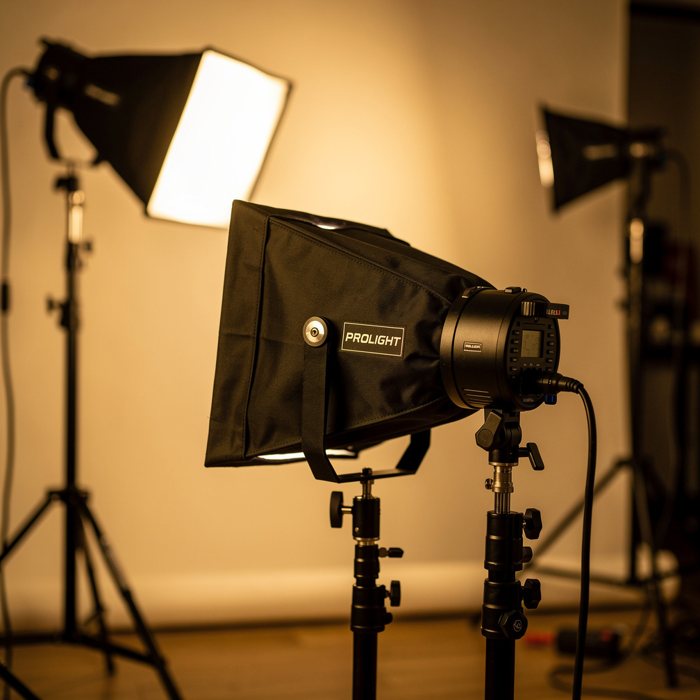 Softbox lighting rig set up for a studio recording