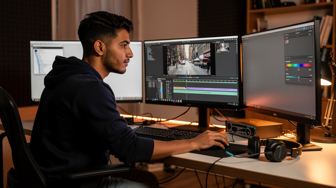 Video editor working on footage at a multi monitor workstation