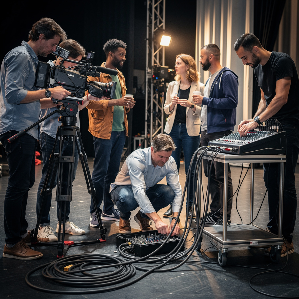 Backstage crew preparing equipment before a cultural event segment