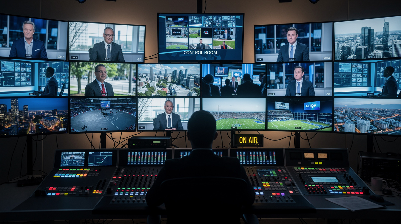 Broadcast control room with multiple video monitors during a live segment